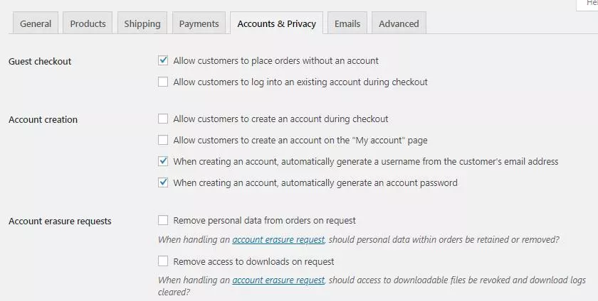 WooCommerce帐户和隐私设置