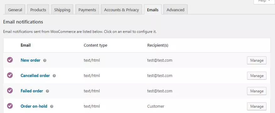 WooCommerce Emails设置