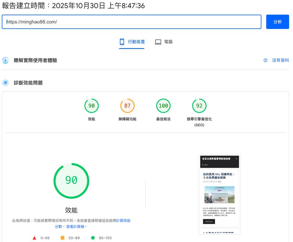 google pagespeed insight 测试本站